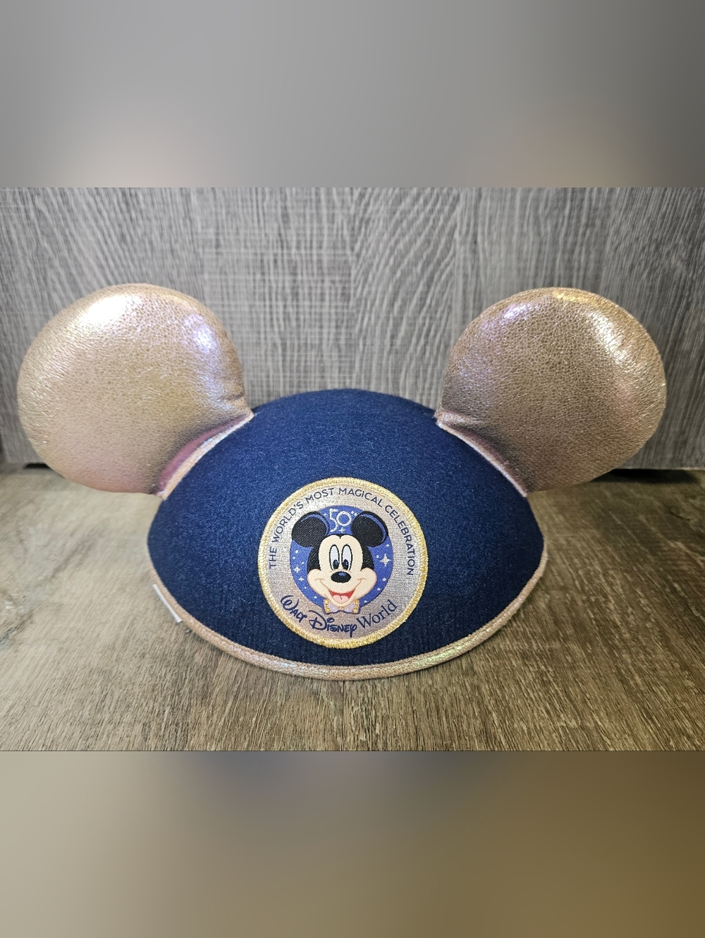 NWT Walt Disney World 50th Anniversary Mickey Ear Hat - Navy & Rose Gold Shimmer